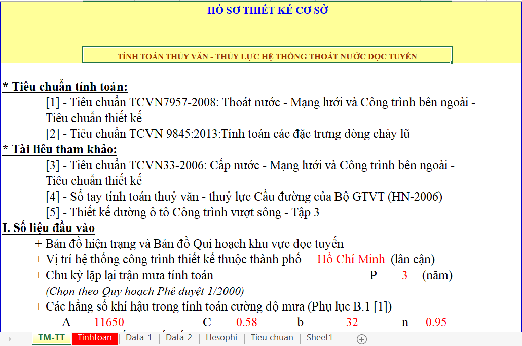 TỔNG HỢP BẢNG TÍNH TOÁN THỦY VĂN THỦY LỰC | HỆ THỐNG THOÁT NƯỚC MƯA