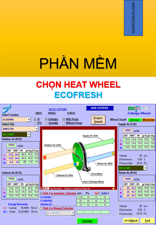 Phần mềm chọn lựa bánh xe thu hồi nhiệt Heat Whell | Ecofresh